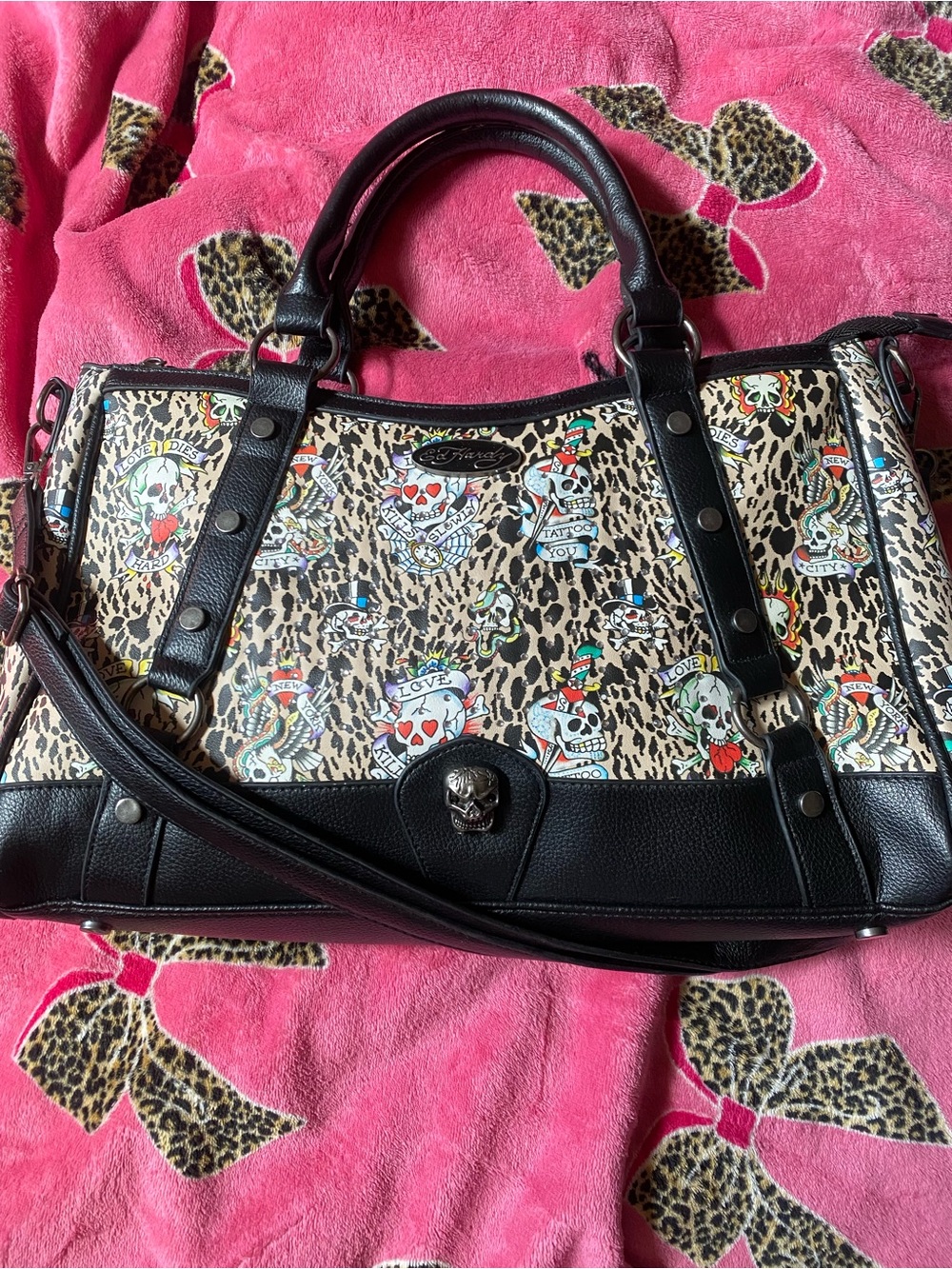 Ed Hardy Leopard Tattoo Print Satchel - Black & Beige with Multicolor Accents